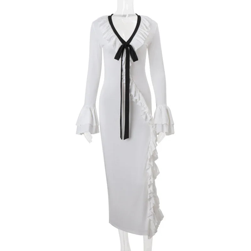 Long Sleeved Ruffled Slit Maxi Dress for Women
