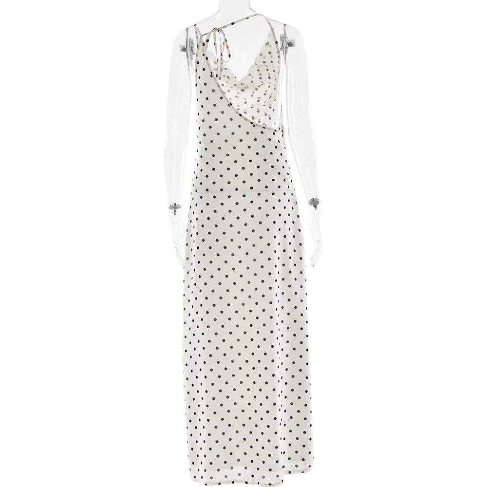 Polka Dot Backless Spaghetti Strap Party Maxi Dress