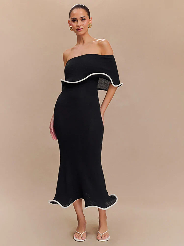 Strapless Ruffles Black Midi Dress