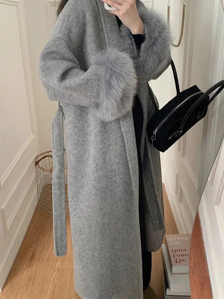 Lace-Up Fur Fluffy Lapel Long Sleeve Overcoat