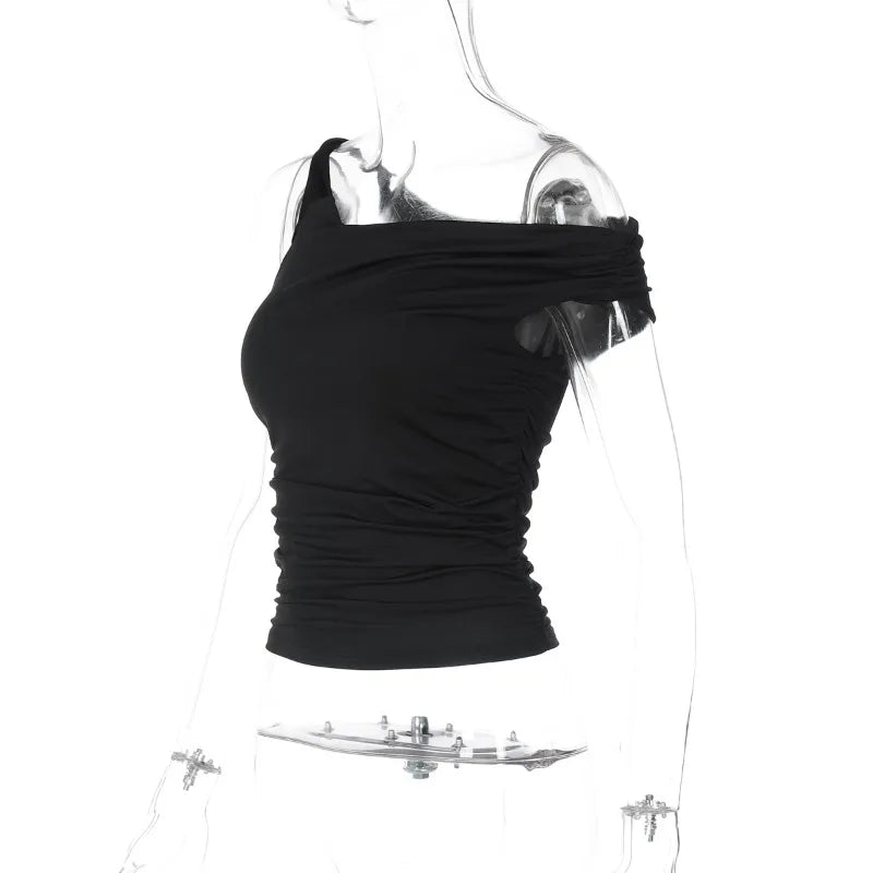 Twisted One Shoulder Asymmetrical Crop Tops Black