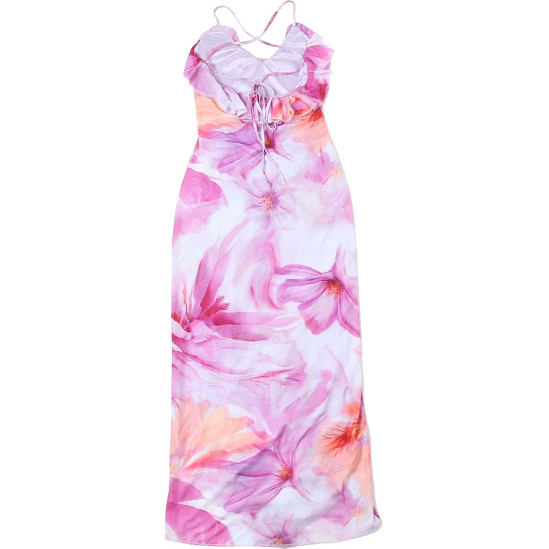Flower Print Splits Irregular Tassel Patchwork Long Dress