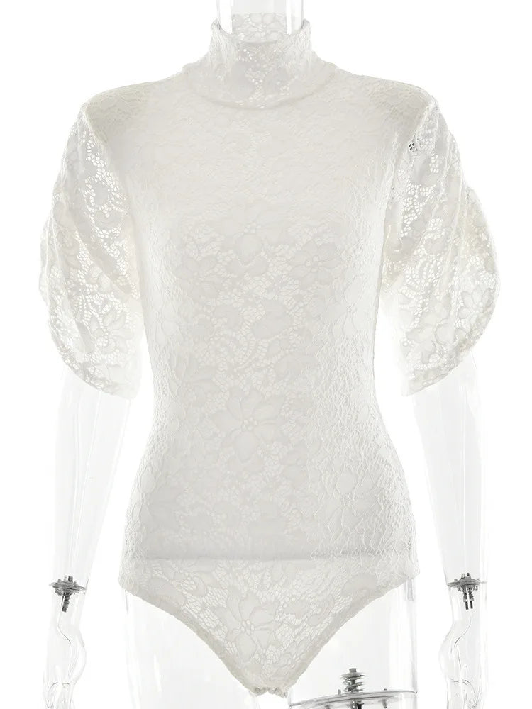 Turtleneck Lace Short Sleeve Shoulder Pads Bodysuit
