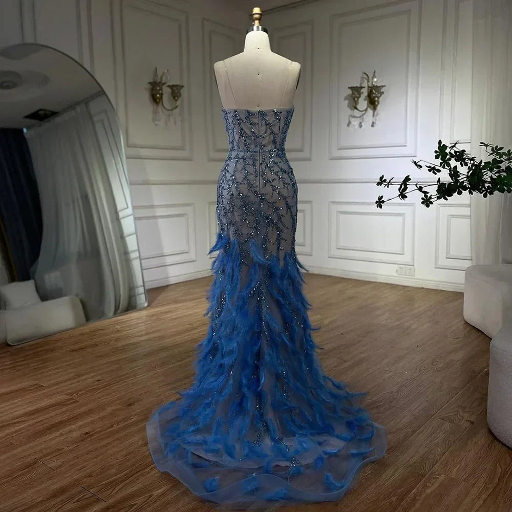Spaghetti Strap Mermaid Feathers Beaded Prom Dress