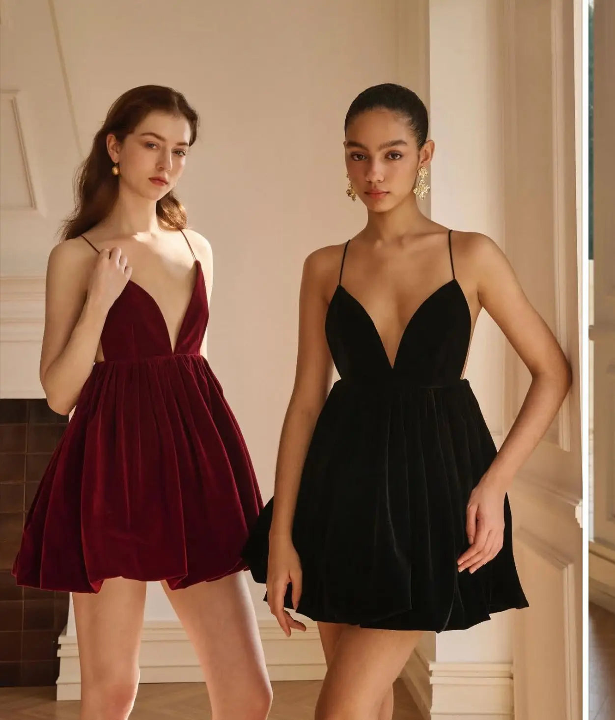 Velvet Deep V Neck Mini Lantern Dress
