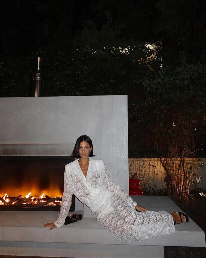 White Lace Two-Piece Loose Trouser Set