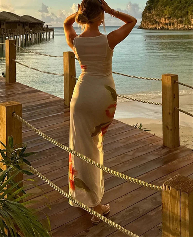 Sleeveless Floral Print Long Mesh Dress