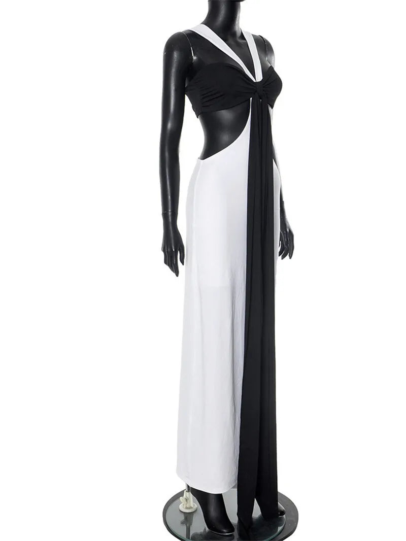 Patchwork Contrast Hollow Out Split Long Dress
