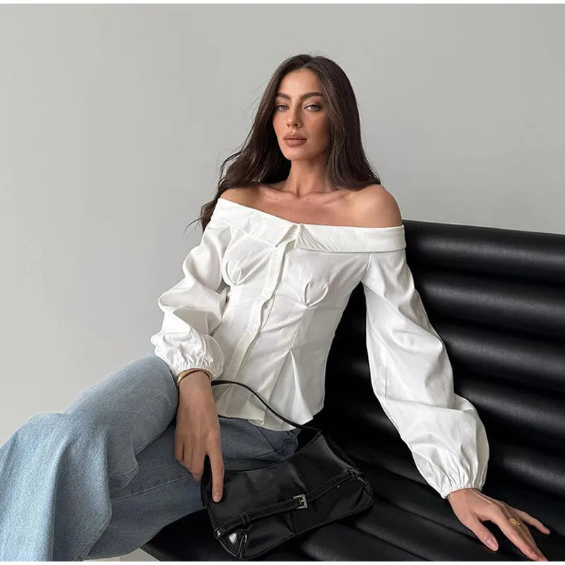 Off-Shoulder White Long Sleeved Blouse