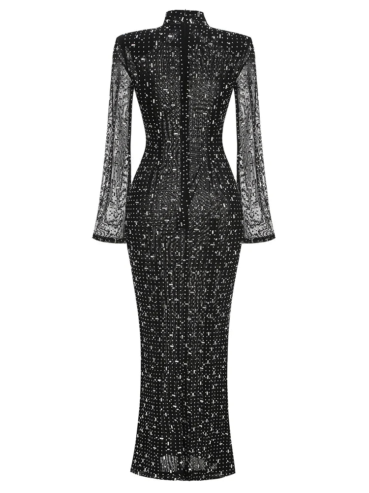 Turtleneck Long Sleeve Mesh Crystal Diamond Black Dress