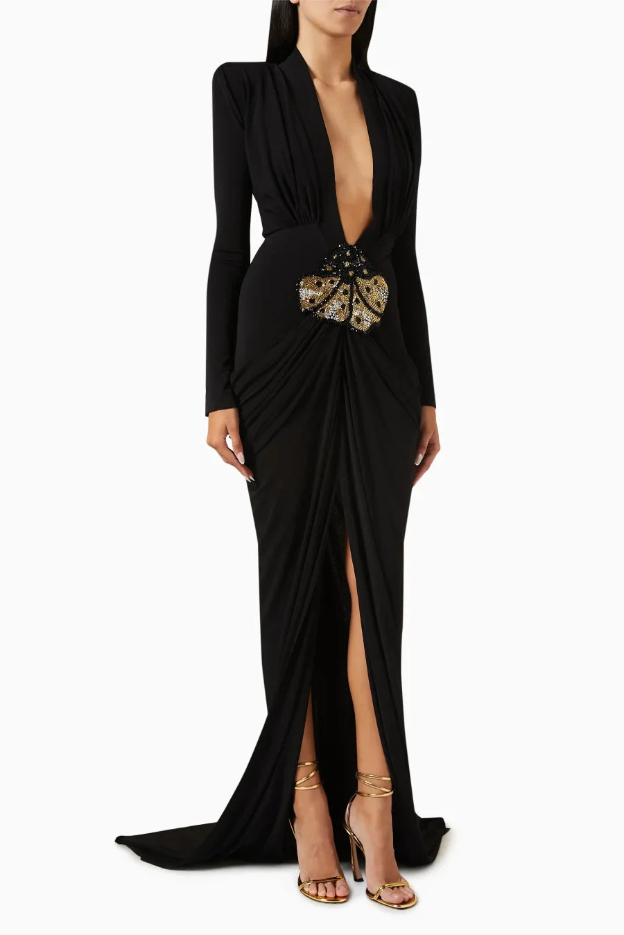 Deep V Neck Long Sleeves Black Maxi Dress  Party Gown
