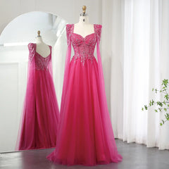 Fuchsia Beaded Evening Gown with Cape Sleeves