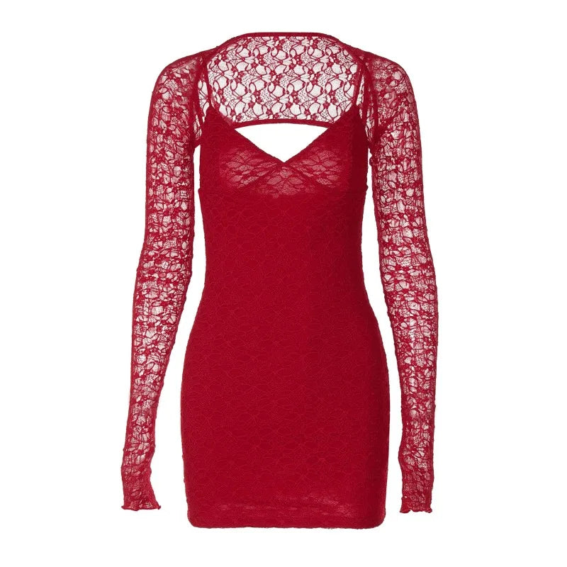 Lace Long Sleeve Backless Mini Dress