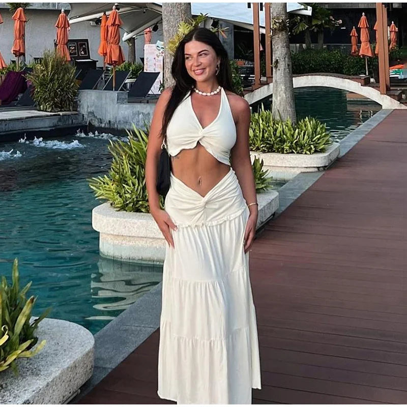 Halter Twist Crop Top and Pleated Long Skirt Suit