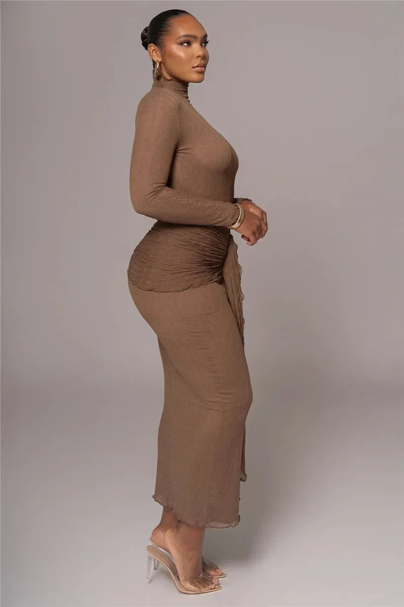 Long Sleeve Drape Turtleneck Maxi Dress