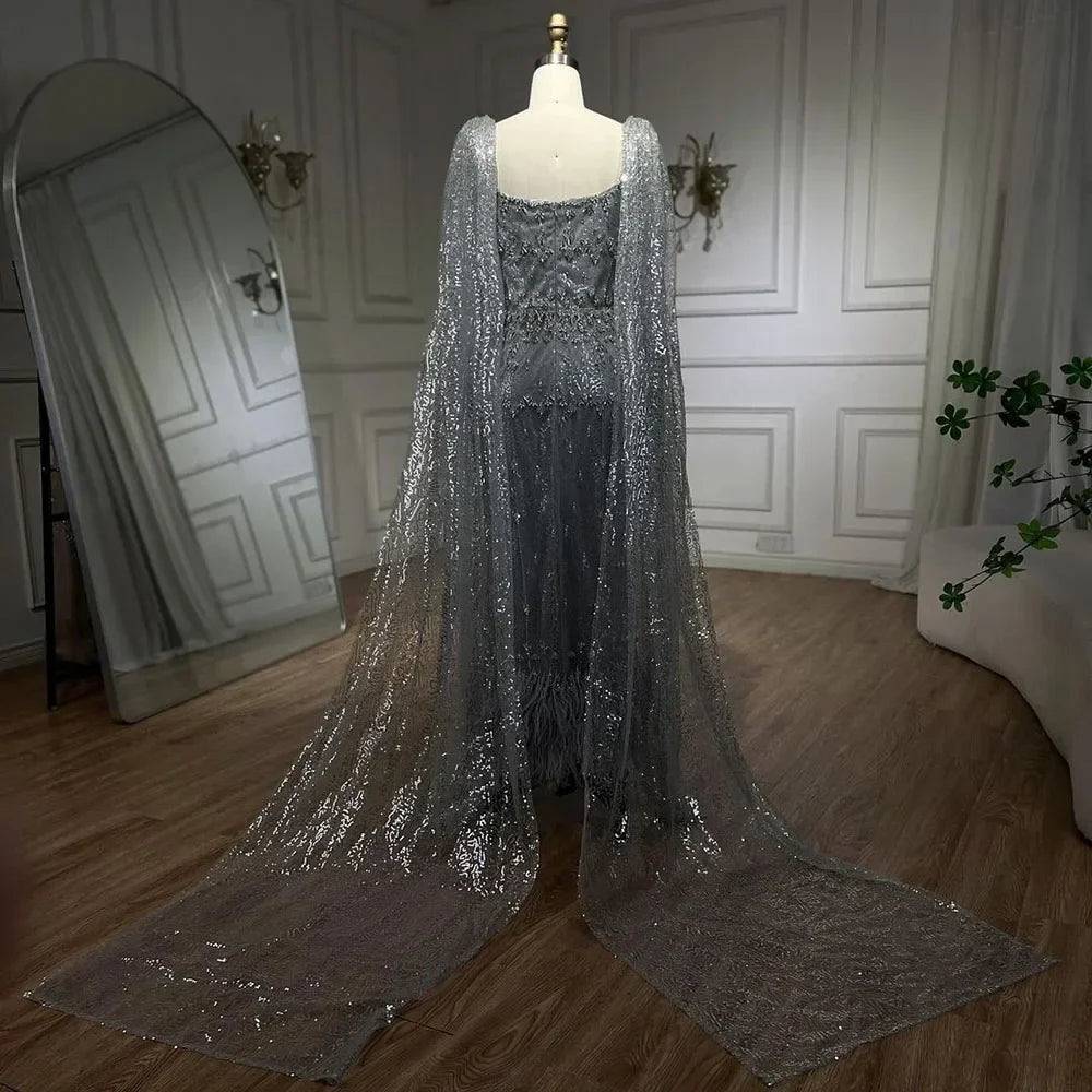 Silver Gray Mermaid Evening Dresses With Cape Feather