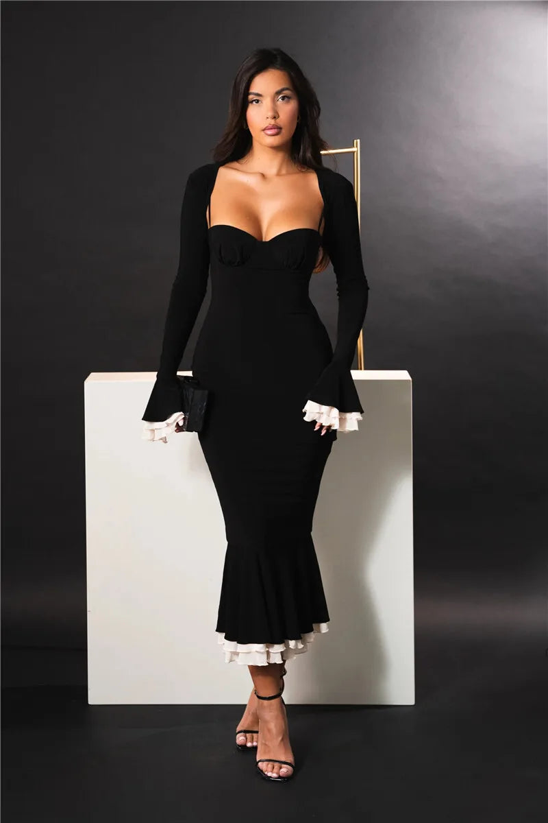 Patchwork Square Collar Evening Fishtail Dress
