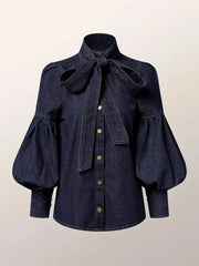 Denim Puff Sleeve High Neck Top