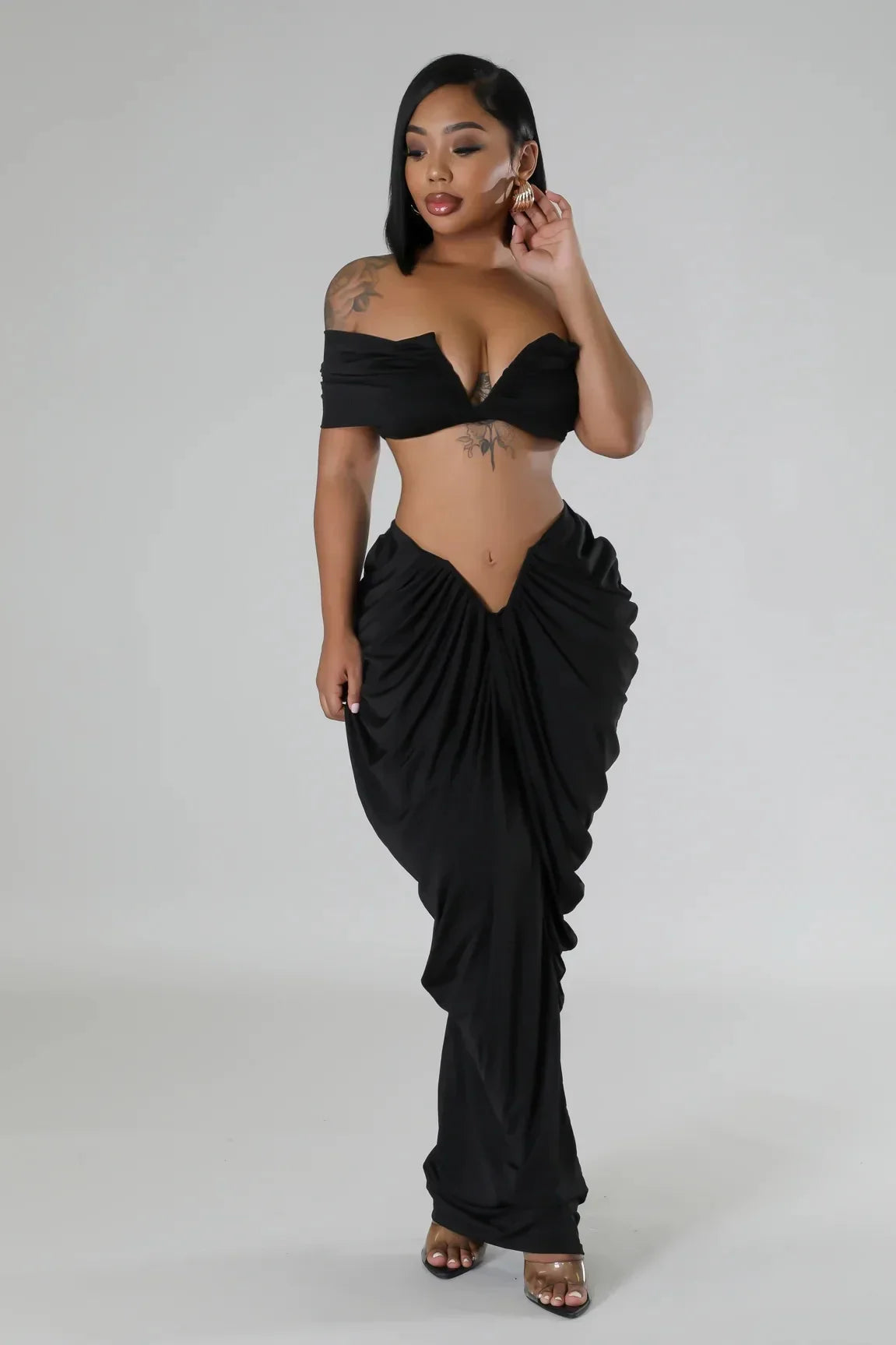 Pleated Strapless Crop Top and Long Skirt Suit