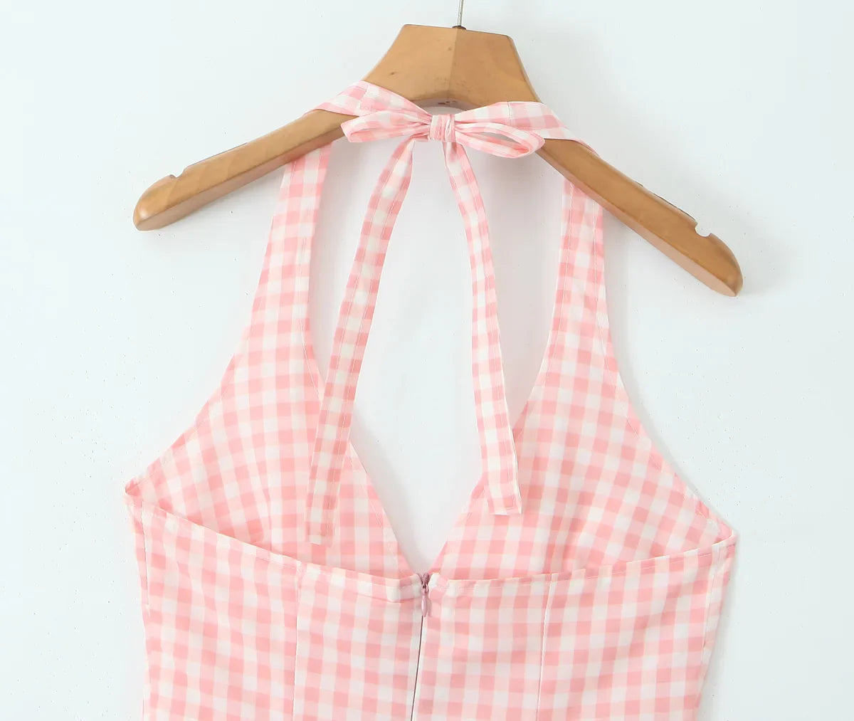 Pink White Plaid Bow Halter V Collar Midi Dress