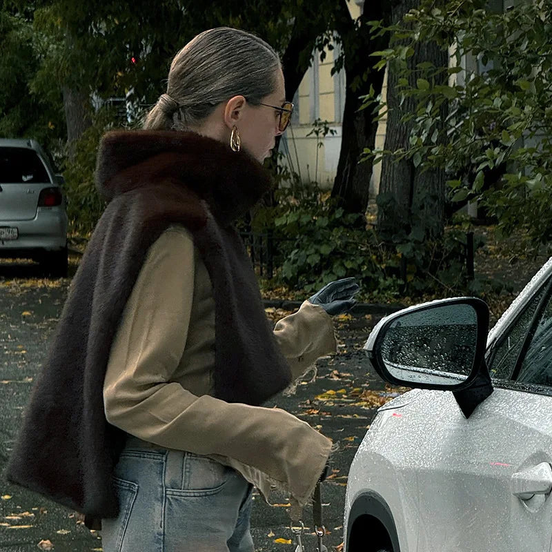 Turtleneck Faux Fur Sleeveless Jacket