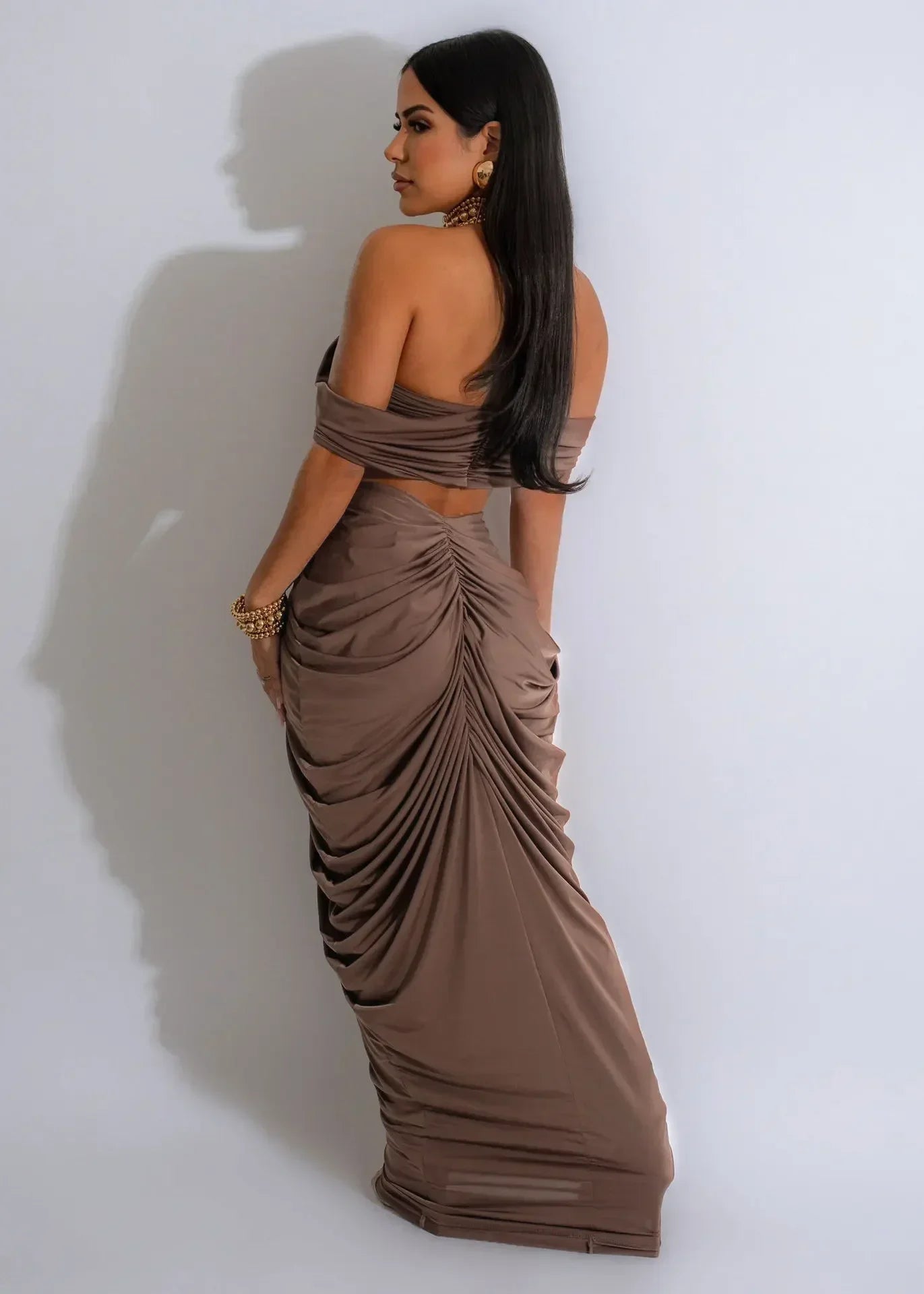 Pleated Strapless Crop Top and Long Skirt Suit