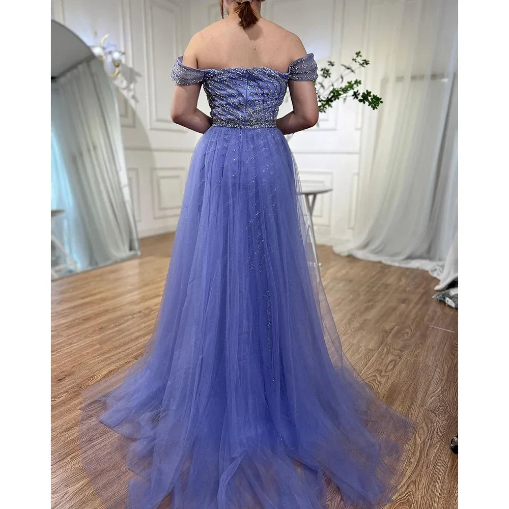 Boat Neck Split Mermaid Elegant Beaded Gowns