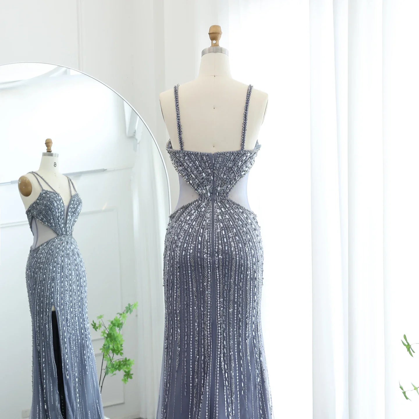 Blue Mermaid Evening Gown with High Slit