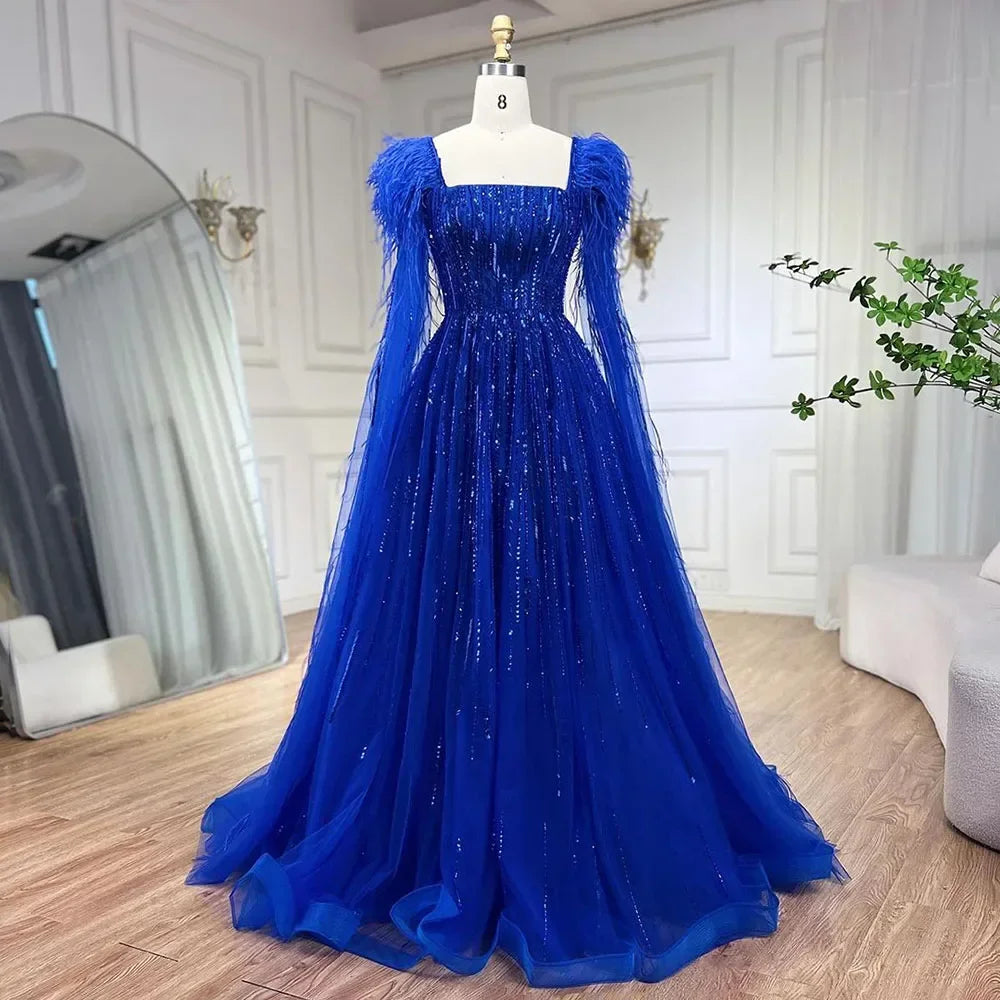 Cape Sleeves Feathers Beaded Evening Dresses