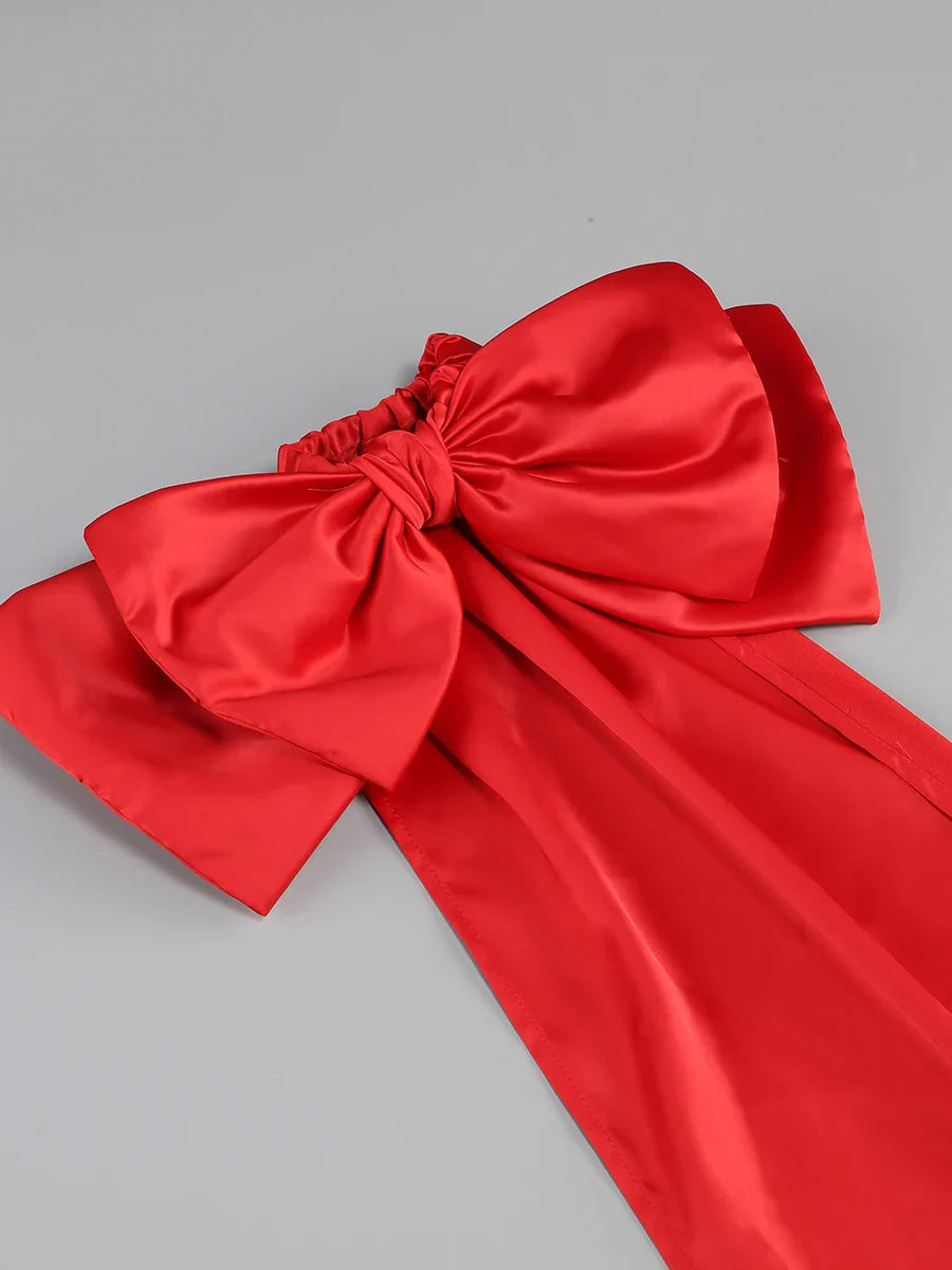 Black Tube Mini Dress With Large Red Bow Detachable Sleeves
