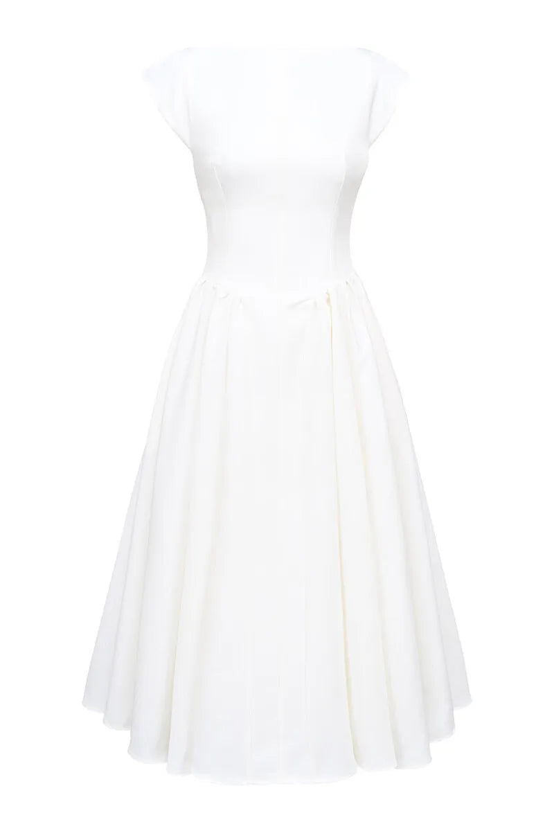 White Backless Solid Hollow Out Pleated Dress