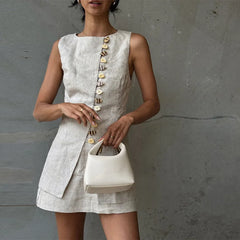 Sleeveless Front Buttoned Top and Mini Skirt Set