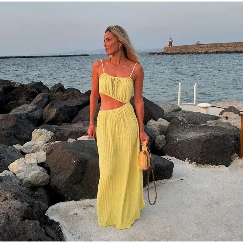 Lace Up Solid Color Open Back Long Dress