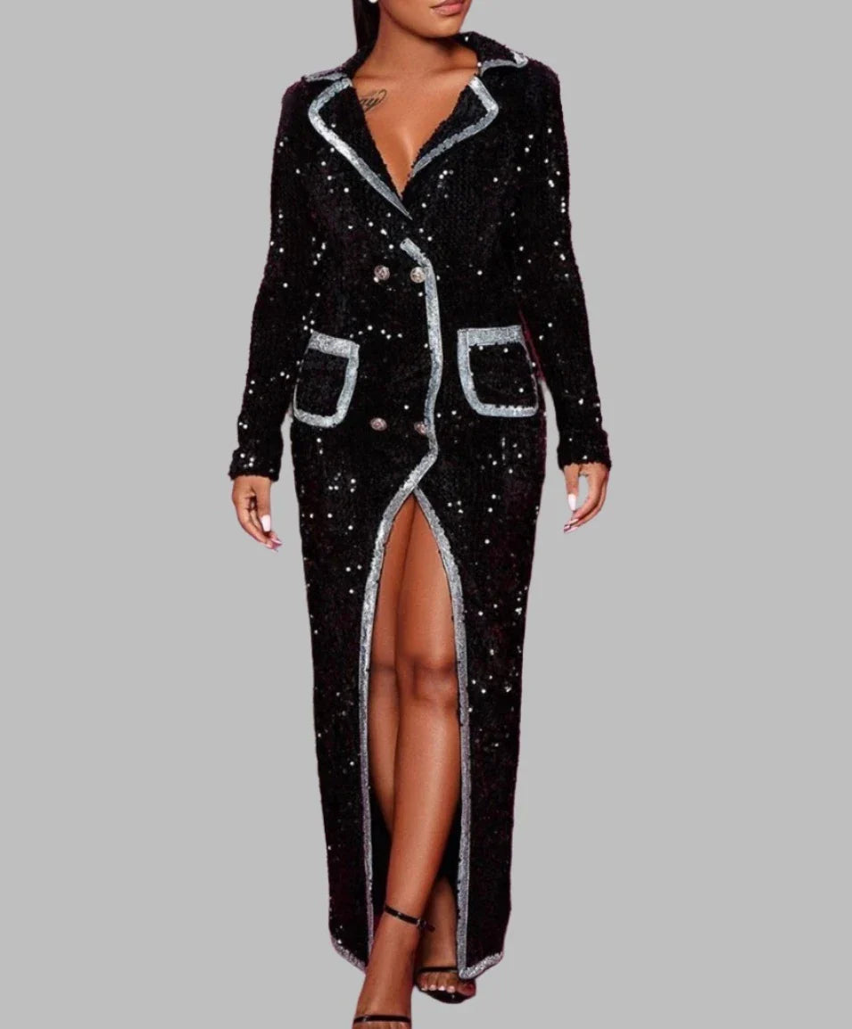 Black Sequins V-Neck Double-Breasted Full Sleeved Long Jacket