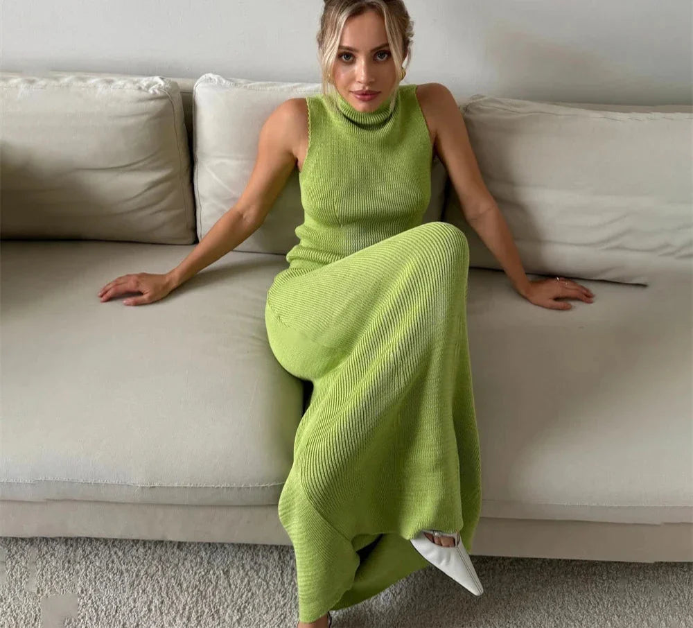 High Neck Knitting Top and Solid Long Skirt Suit