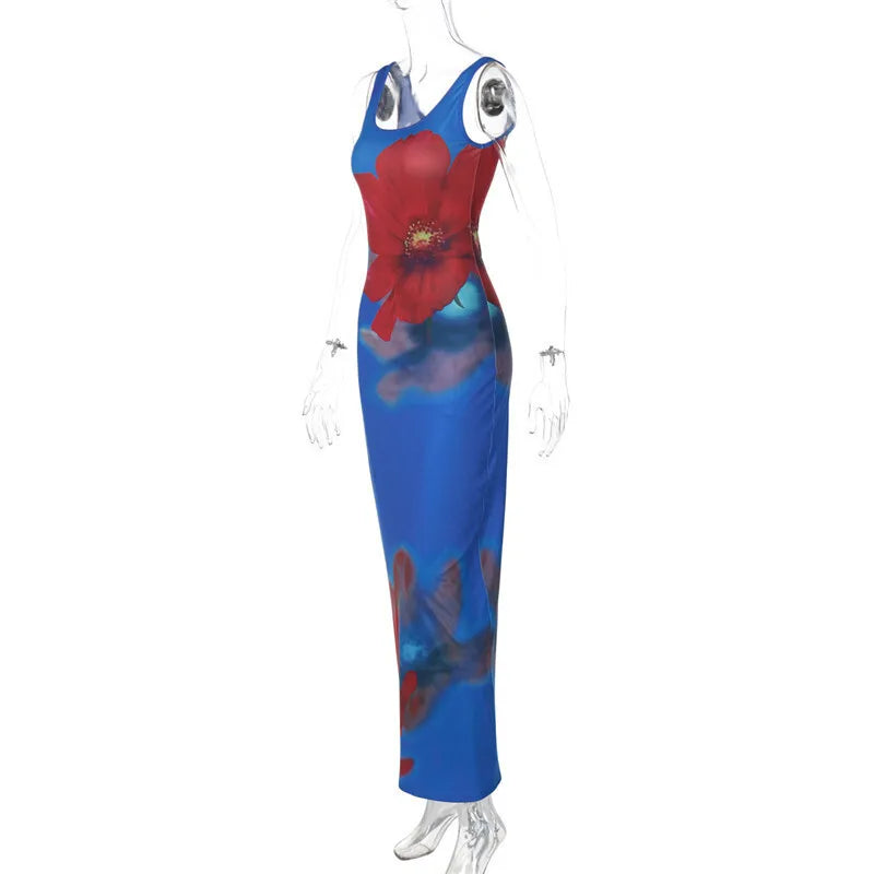 Floral Print Blue Sleeveless Backless Long Dress