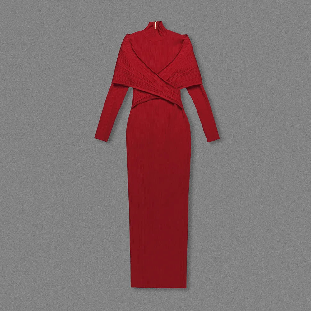 Red Bandage Turtle Neck Cross Design Long Dress
