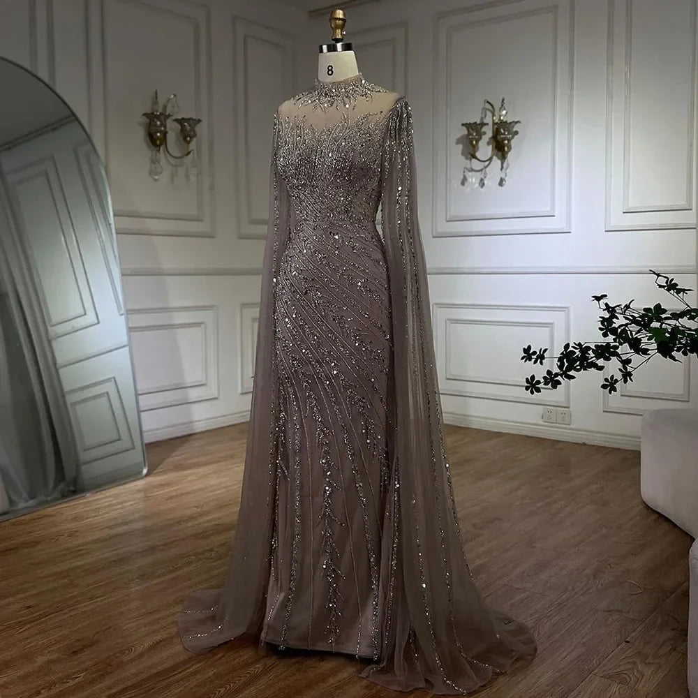 Beaded Lace Mermaid Gown with Cape Sleeves