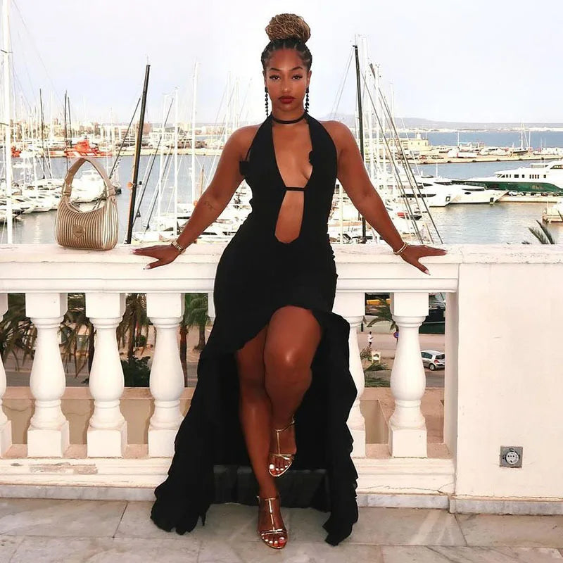 Black Deep Neck Open Back  Ruffled Maxi Dress