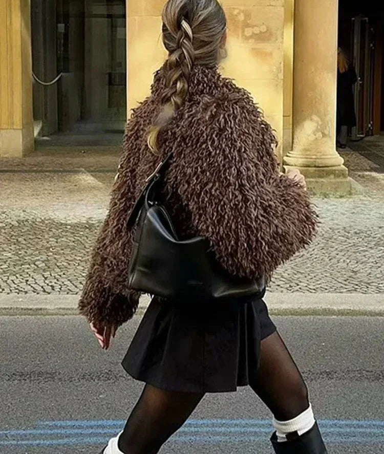 Turn Down Collar Faux Fur Coat