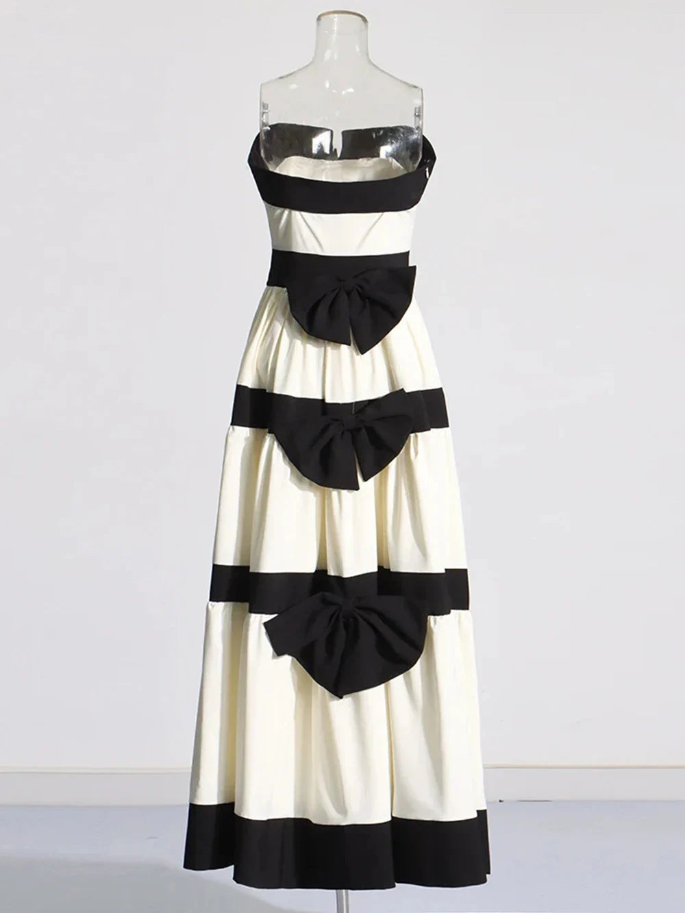 Colorblock Patchwork Bow Strapless Long Dress