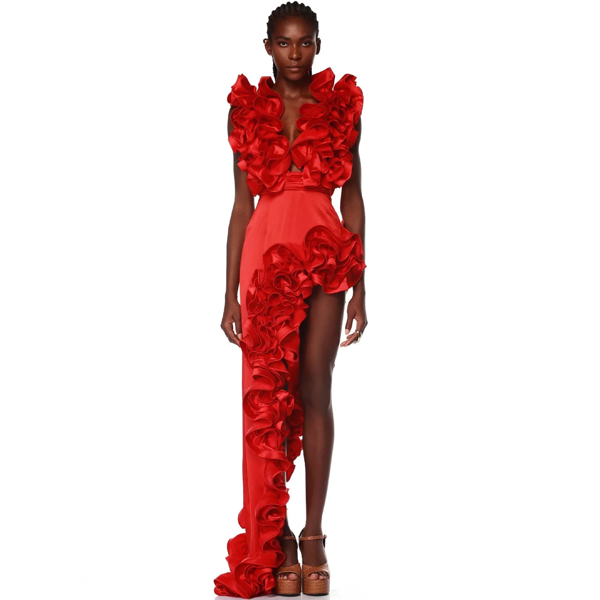 Solid Red Flower Swim Suit Deep V Bodysuit