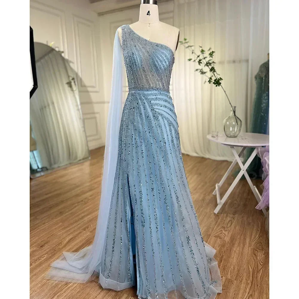 One-Shoulder Cape Sleeve Beaded Evening Dresses