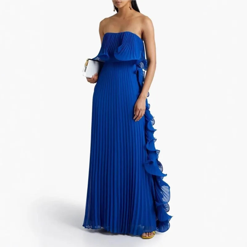 Pleated Chiffon Long Ruffled Strapless Dress