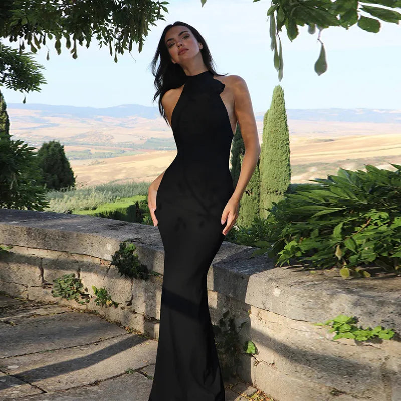 Halter Flower Backless Maxi Dress