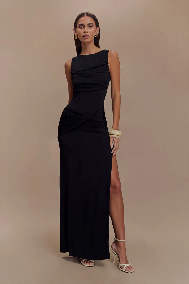 Backless Ruched O Neck Thigh High Split Long Dress