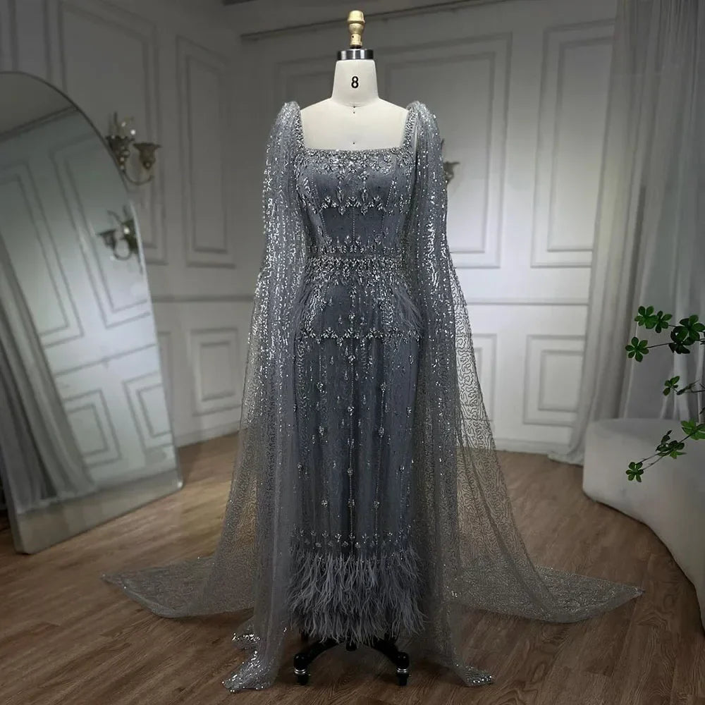 Silver Gray Mermaid Evening Dresses With Cape Feather