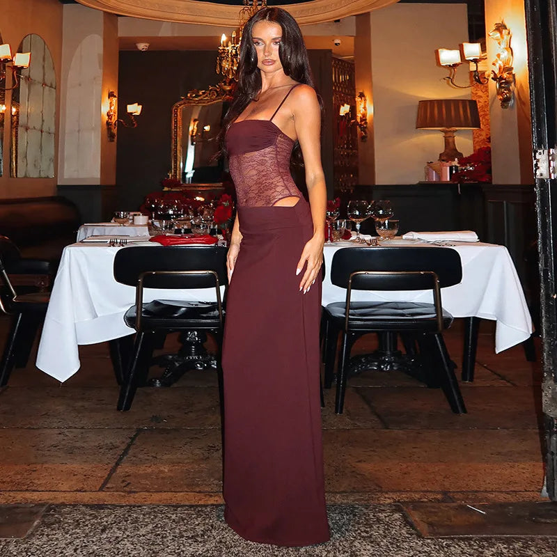 Spaghetti Strap Sheer Lace Hollow Out Long Dress
