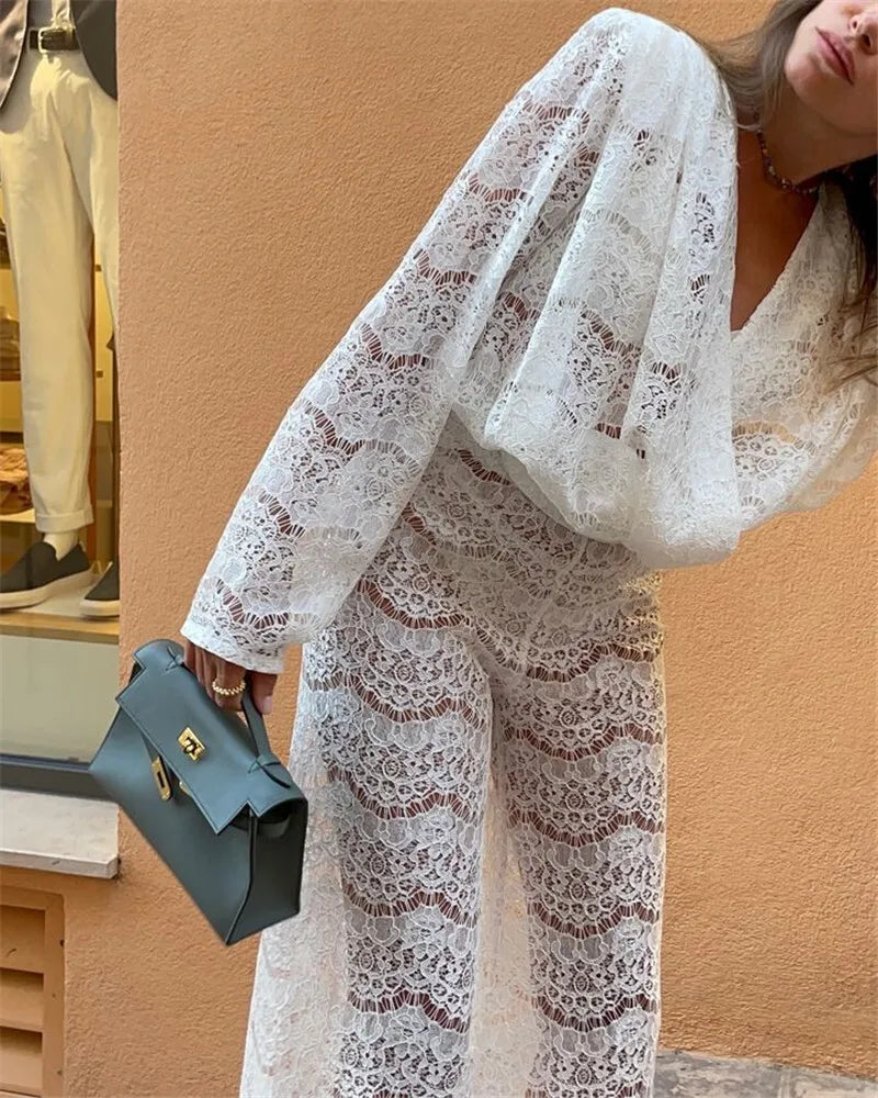 White Lace Two-Piece Loose Trouser Set