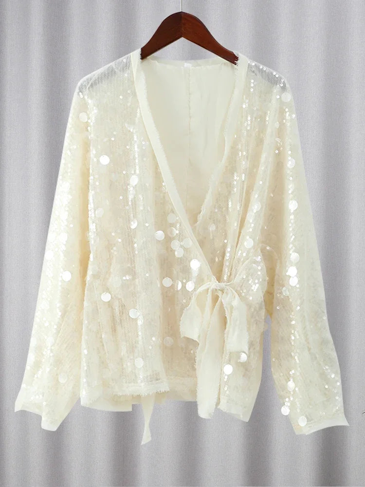 White Sequins Patchwork Lace-up Shirt For Women